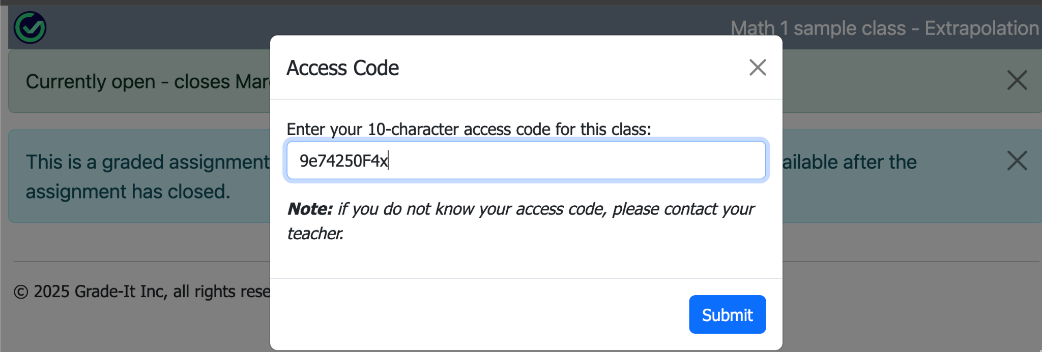 Grade-It Access Code dialog with a 10-character access code entered and the Submit button available.