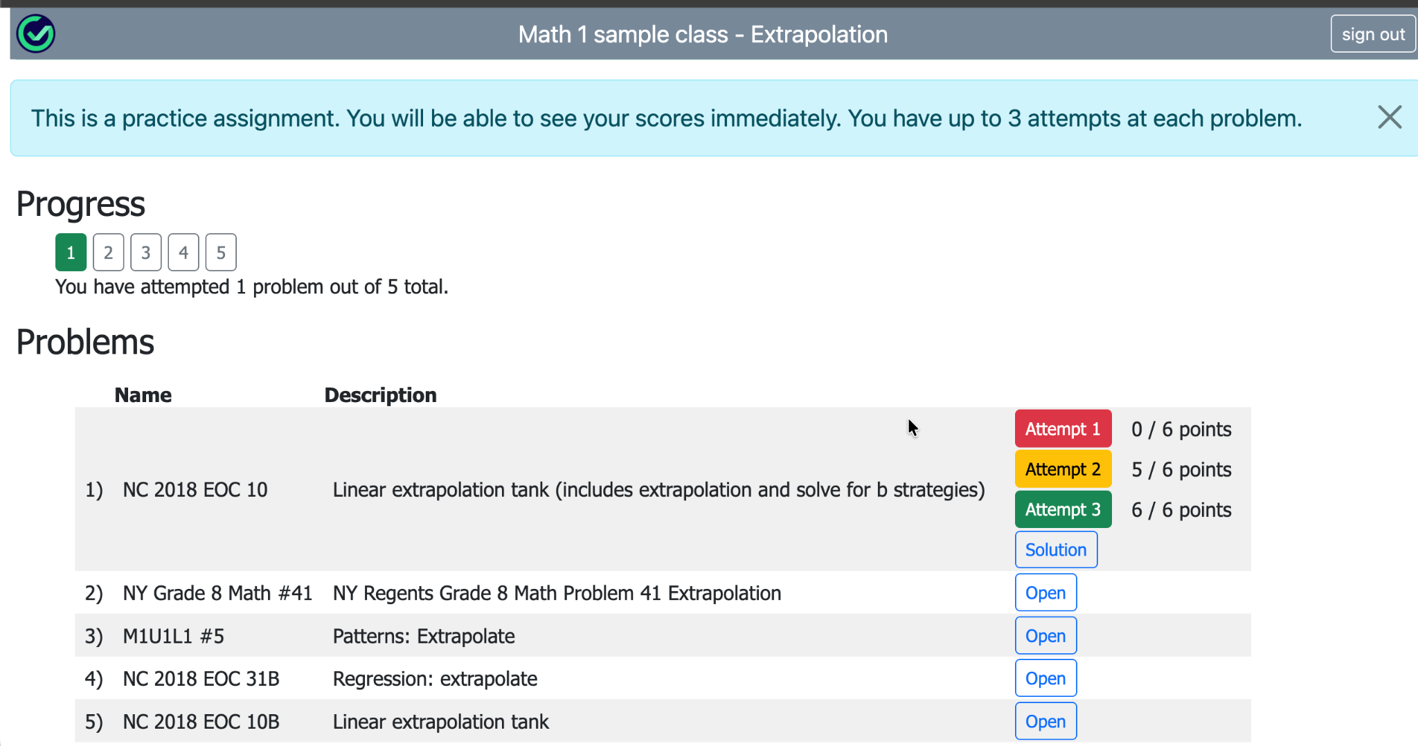 Practice assignment page showing a five-problem progress bar and color-coded scores for three attempts on the first problem.
