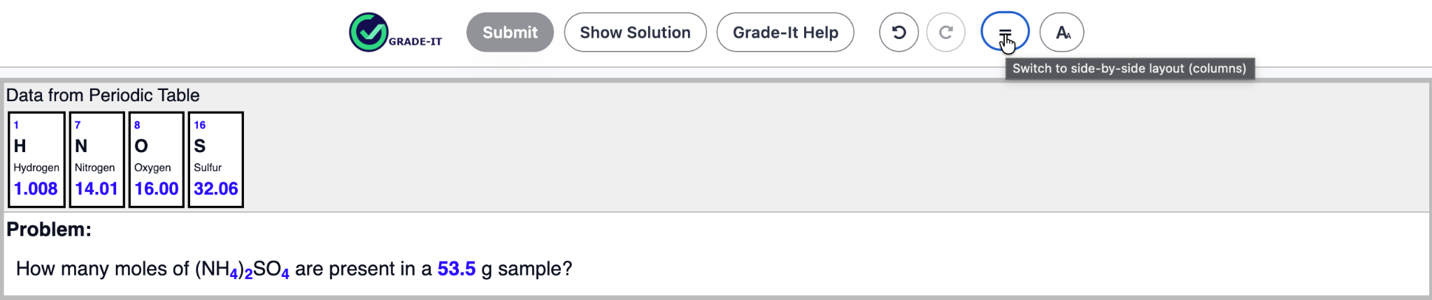 Top of a Grade-It problem page with arrows identifying the layout toggle and font-size controls at the upper right.