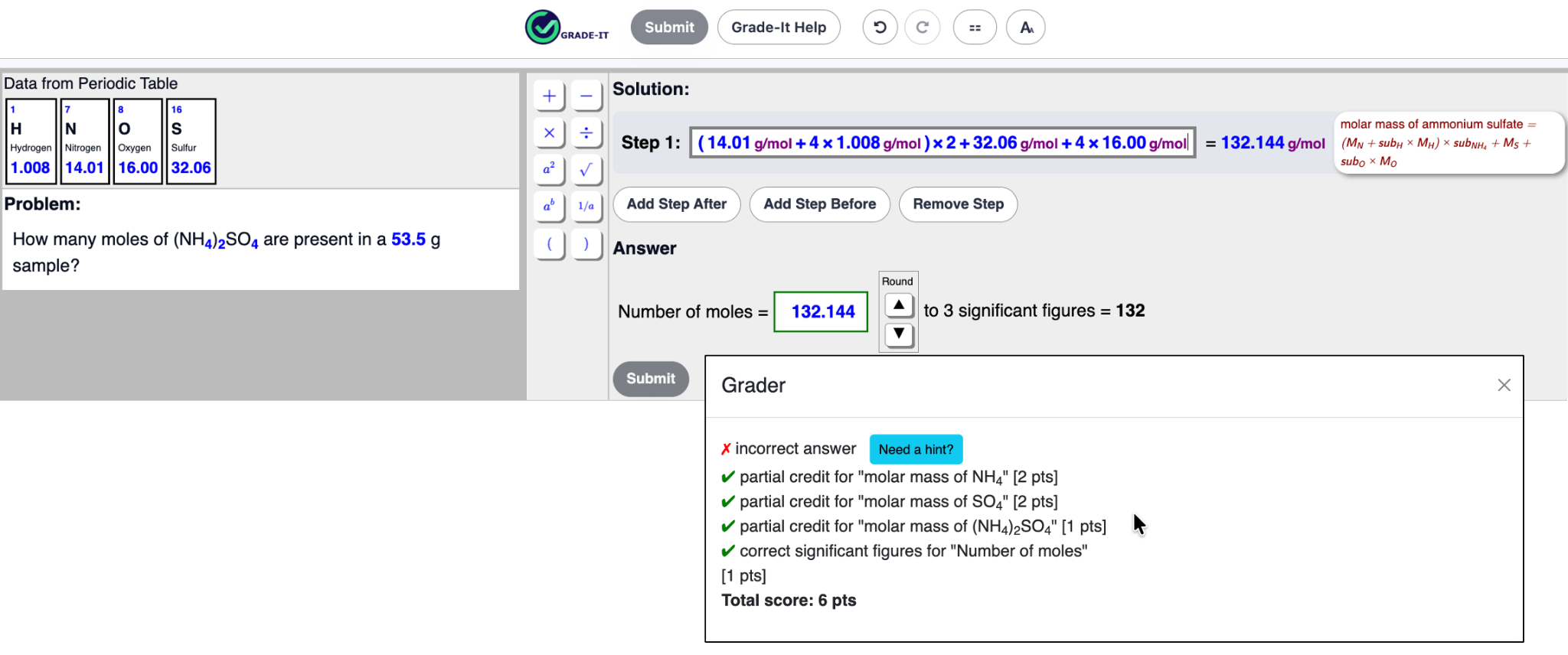 Grade-It problem with a grader report showing three awarded rubric calculations and a score of three points.