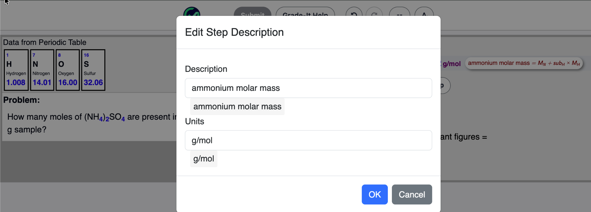 Edit Step Description dialog with ammonium molar mass as the description and g/mol as the unit.