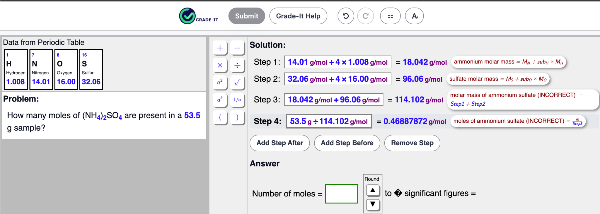 Four-step ammonium sulfate calculation whose final answer is incorrect because the subscript 2 for ammonium was omitted.