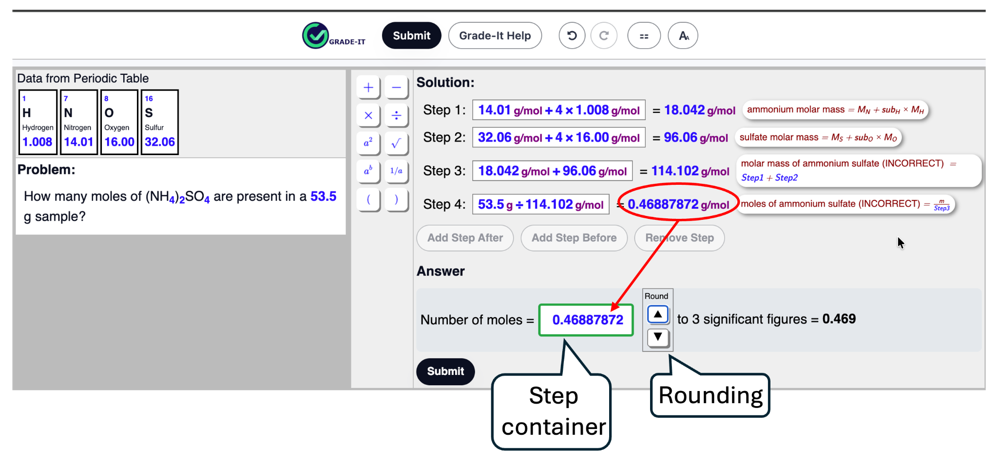 Final step result being moved into the Answer box, with callouts identifying the step result and rounding controls.