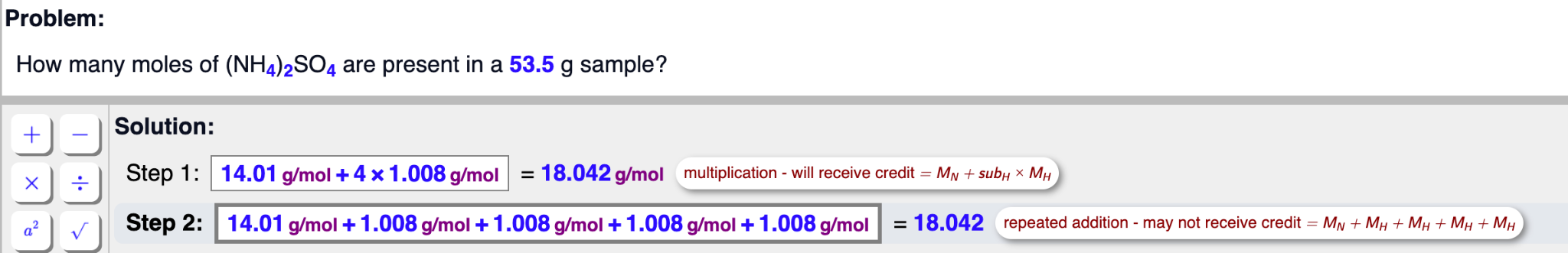 Two solution steps comparing multiplication by four with repeated addition of the same value four times.